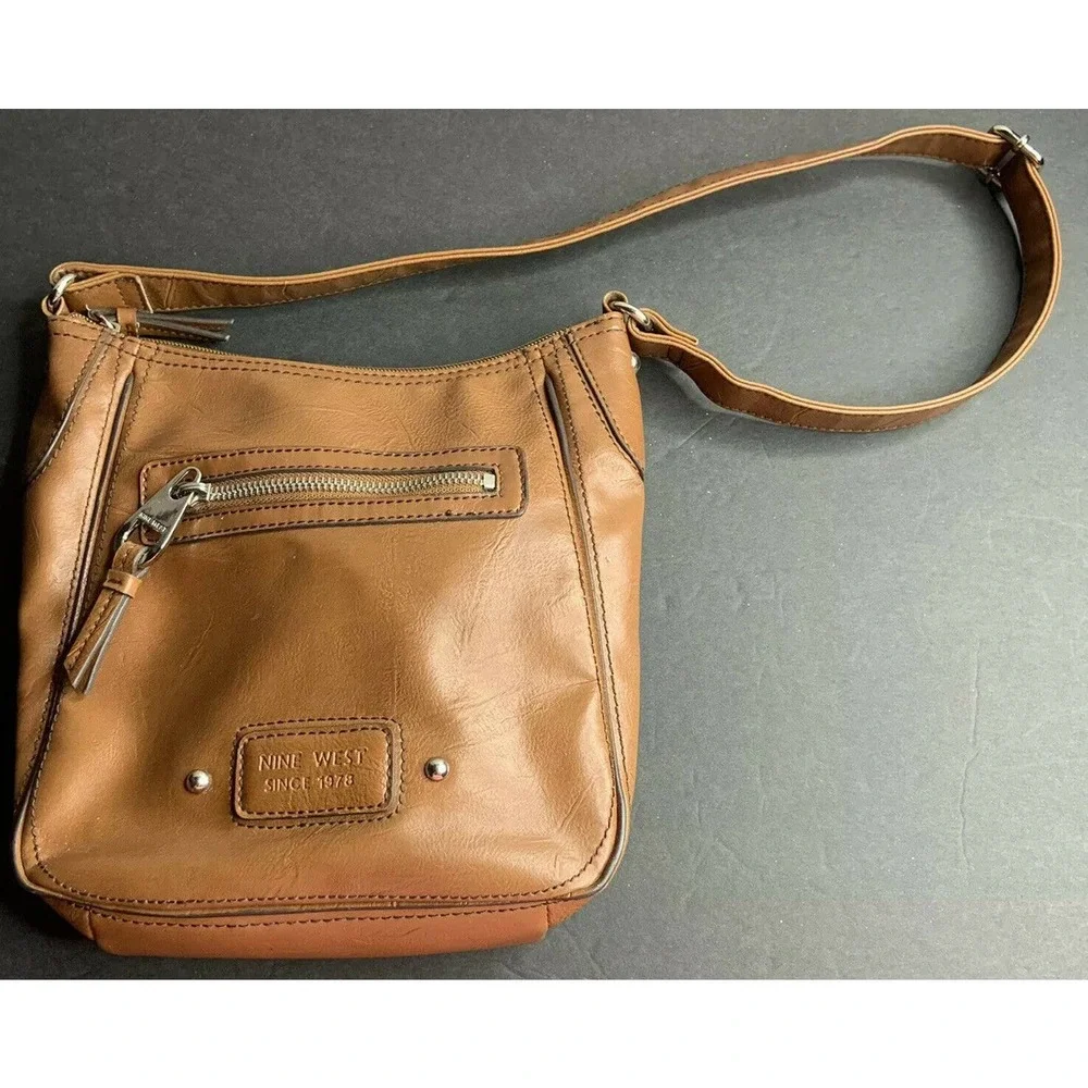 Retro NINE WEST Brown‎ Faux Leather Purse Medium Lined Zip Cognac Shoulder Bag